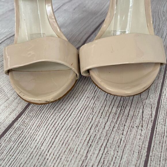 Aldo women 6 patent leather open toe wide strap buckle heels beige - Picture 6 of 11